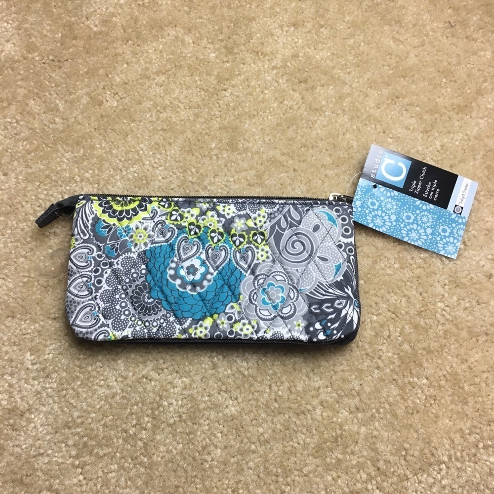 Teal & Gray Triple Pocket Zipper Clutch NWT